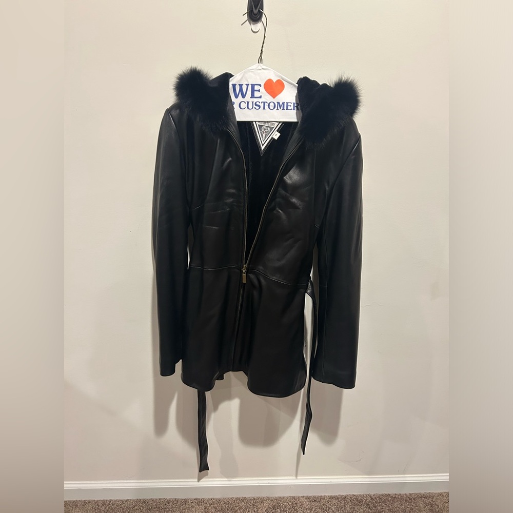Leather jacket with faux fur